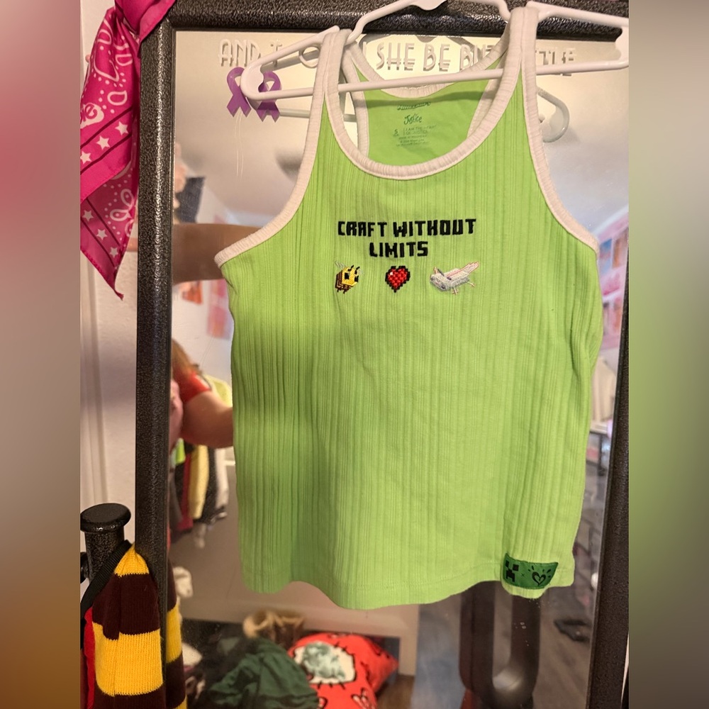 Justice Lime Green Minecraft Tank Top with sewn in graphics. Built in bra size S